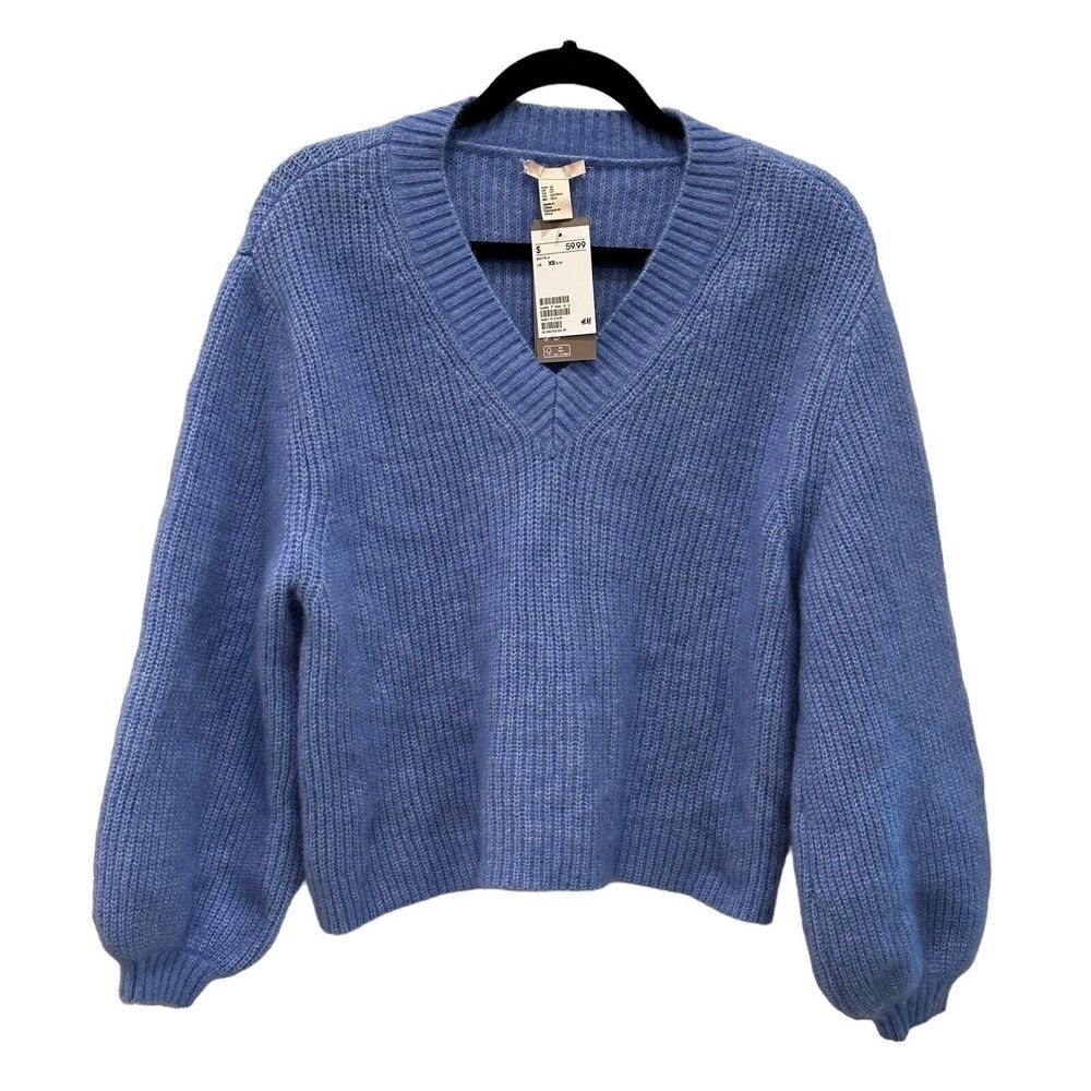 HM Sweater Extra Small Wool Blend Mohair Balloon Sleeve Blue Machine Wash NWT